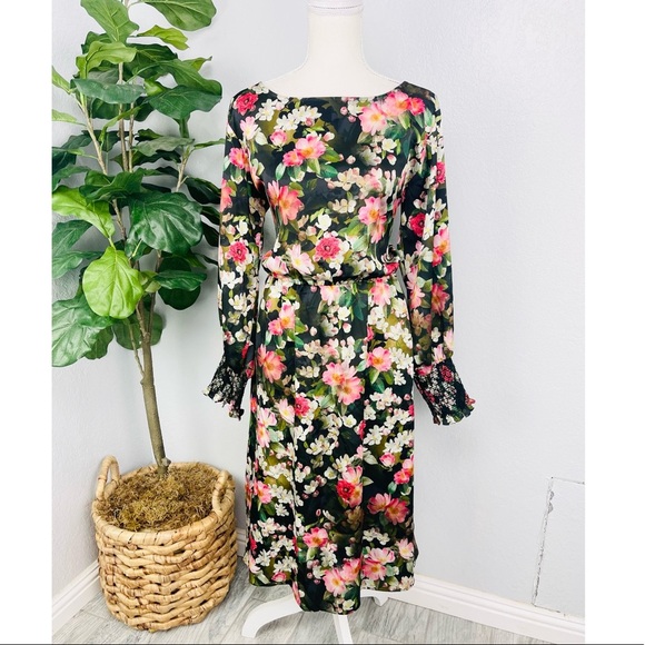 JayGodFrey Black Sheer Floral Smocked Sleeve Smocked Chiffon Style Dress - Picture 1 of 8